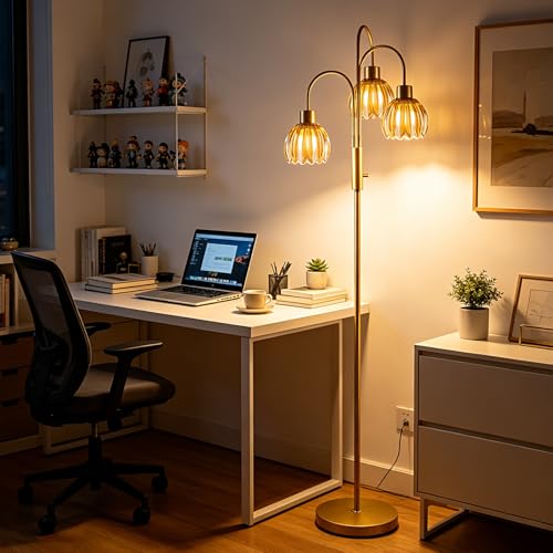 Image of 3-Light Glass Floor Lamp, 70 inch Gold Dimmable Standing Tall Lamp with Amber Glass Shades &3PCS 3000K Warm White Bulbs for Wedding /Party, Modern Tree Pole Lamp for Living Room Bedroom Home Decor