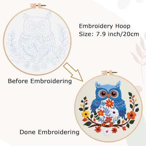 Image of Louise Maelys Owl Embroidery Kit for Beginners Cross Stitch Kit for Adults | Animal Stamped Fabric, Hoop, Threads, Needles And Instructions For Adults DIY Craft,Cross Stitch Kit for Adults