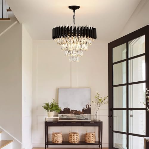Image of Manraj Modern Crystal Chandelier, 500 mm Round, 3-Tier Black and Gold, K9 Crystal Ceiling Light Fixture for Living Room and Hallway (Black & Gold, 500mm)