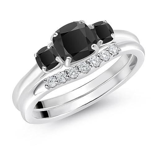 Gem Stone King 10K White Gold Black Onyx and Lab Grown Diamond 3 Stone Bridal Engagement Wedding Ring Set For Women 0.87 Cttw, 5MM and 3MM Cushion Cut, Available In Size 5, 6, 7, 8, 93