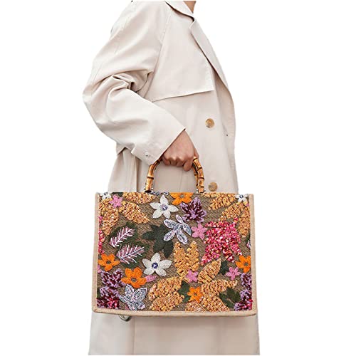Qtkj Tote Bag For Women, Beach Bag, Sequin Embroidery Straw Bag, Hand-Woven Bamboo Handle, Bohemian Handbag Large Capacity Shoulder Bag Suitable For Travel Daily thumb #4
