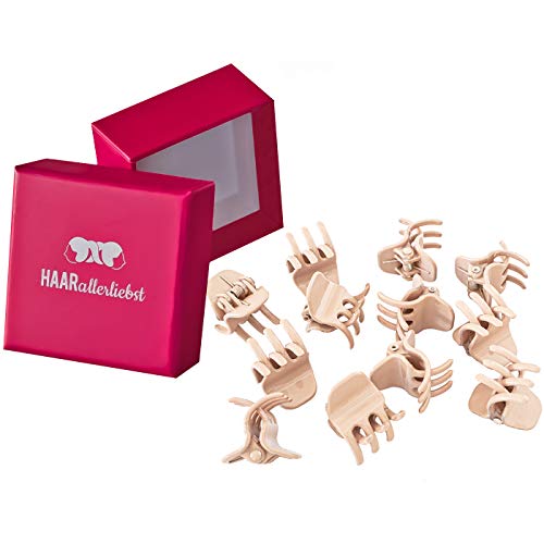 HAARallerliebst Horquillas para pelo rubio (12 unidades, beige, 2 cm), incluye caja de almacenamiento (color de la caja: rosa)