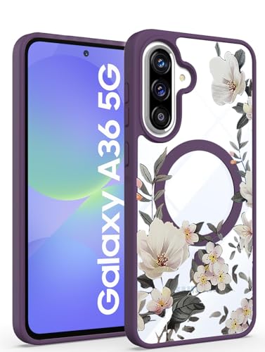 Image of VONZEE Compatible with Samsung Galaxy A36 5G Case Luxury Retro Flowers Floral Clear for Magnetic Wireless Charging Case Shockproof Case PC+TPU Cute Glossy Shiny Cover for Girls Women, Deep Purple