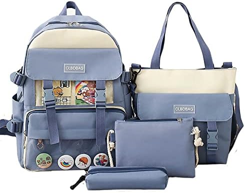 Cute Kawaii Backpack 4Pcs Canvas Backpack Give away bear pendant Pencil Pouch Shoulder Bag Lunch Bag for Girls Boys (one size, Blue)