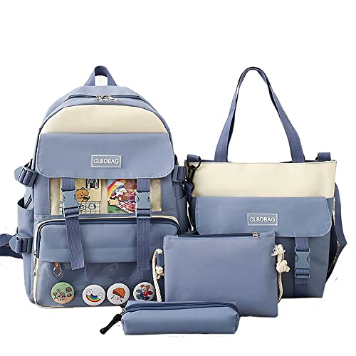 Cute Kawaii Backpack 4Pcs Canvas Backpack Give Away Bear Pendant Pencil Pouch Shoulder Bag Lunch Bag For Girls Boys (One Size, Blue) #TOP2