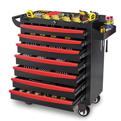 7 Drawers Rolling Tool Chest, Metal Tool Box with Wheels Lockable Garage Storage Cabinets Sliding Tool Drawer Cart Toolbox Organization Workbench for Workshop Warehouse Repair Shop