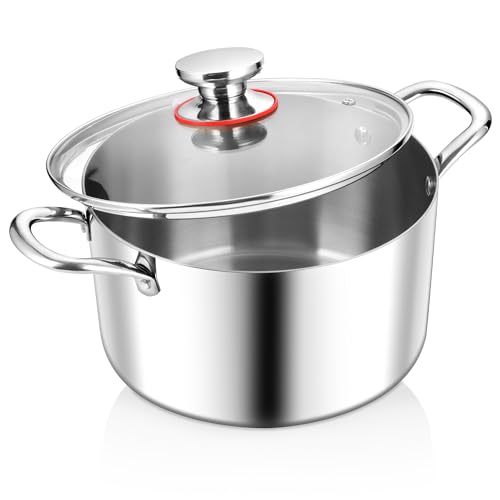 Joyfair Kochtöpfe, 20cm Kochtopf Suppentopf mit Glasdeckel, 3,3L Premium 3-Lagiger Edelstahl Fleischtopf Topf Induktion für alle Herdarten, Edelstahl Poliert & Unbeschichtet, Spülmaschinenfest