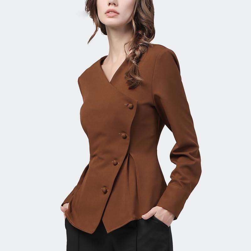 Chemise asymétrique Couleur Bonbon pour Femmes, Simple Boutonnage, Manches Longues, col en v, Taille Haute, Hauts Slim, Chemisiers de Bureau d'automne (Marron S)