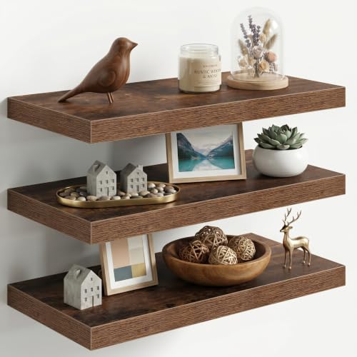 Image of Fun Memories 24 Inch Floating Shelves for Wall, 12 inch Deep Extra Thick Wood Shelves with Invisible Bracket, Large Wall Mounted Storage Shelf for Living Room Bedroom Kitchen, Brown, Set of 3