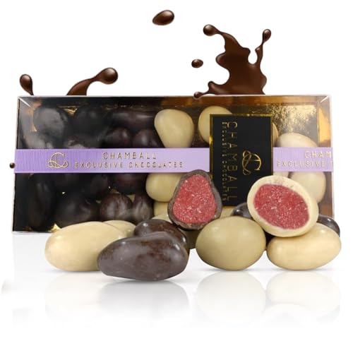 Chamball Bombones Belgas de Fresa, rellenados de bombones chocolate blanco y bombones chocolate negro – Mini Chocolates de Chocolate Belga, caja bombones para regalar o para un momento especial