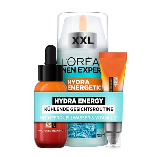 L'Oréal Men Expert kühlendes Anti-Glanz Pflegeset für Männer, Mit XXL Gesichtspflege, Gesichtsserum und Augen Roll-On, Set für Herren mit Feuchtigkeitspflege Anti-Müdigkeit, Hydra Energy, 3-teilig