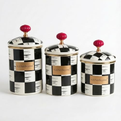 Black and White Checkerboard Enamel Canister Set with Red Knob, 3...