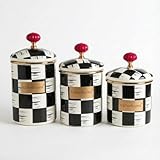 Fairturk Black and White Checkerboard Enamel Canister Set with Red Knob, 3-Piece Cylindrical Food Storage Jars, Set of 3-33/26/24 oz