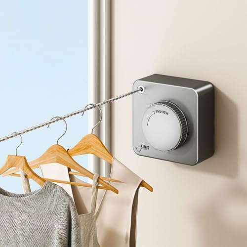UpChoNice Retractable Clothesline Indoor, Non-Sagging Outdoor Clothes Drying Line Retracting Heavy Duty Clothes Drying Laundry Line Wall Mounted Stainless Steel Line - 15.6 Feet (Square Gray)