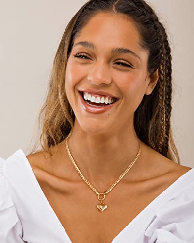 Nuzon Love Heart Pendant Necklace For Women Girls 14K Gold Plated Thick Flat Herringbone Snake Chain Choker Engraving “Love You” Charm Sailor Lock Layering Jewelry 16’’ #TOP1