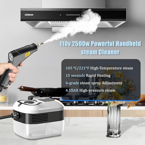Image of Powerful 2500W Handheld Steam Cleaner,15s Fast Heat-Up & High-Pressure Steam, 6-Level Adjustable Settings for Deep Cleaning on Floors, Kitchen, Bathroom, Car, Grout (Matte Black)