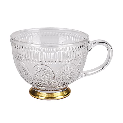 Vintage Coffee Mug 14 Oz Clear Embossed Glass Tea Cup With Handle Frosted Glass Tea Mug Drinking Glassware Iced Glass Coffee Cup for Latte Espresso Cappuccino Cereal Yogurt Milk Beverage Hot/Cold