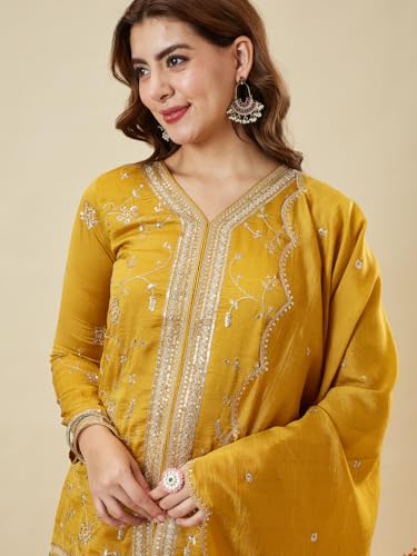 Image of MOKOSH Women's Silk Embroidery Kurta Sharara with Dupatta | Kurta Set | V Neck Full Sleeve Ethnic Suit | Indian Kurta Outfit with Sharara |3 Piece Outfit