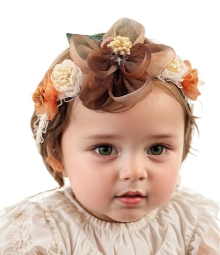Bethynas baby girls Lace Flower Headband Gauze Floral Elastic Infant Hairband Birthday Party Princess Hair Accessories for Newborn Toddlers (Brown)