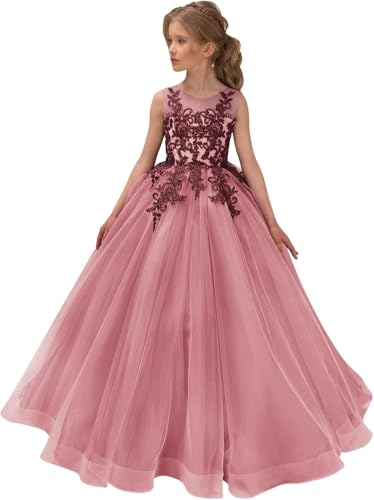 Girls Tulle Lace Flower Girl Dress for Wedding Appliaue Pageant Dresses for Girls Long Princess Party Prom Ball Gown