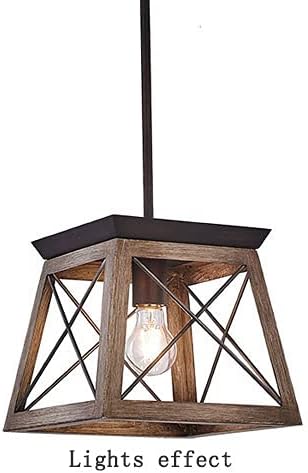 NAMFMSC Retro Country Industrial Style Square Single Head Imitation Wooden Pendant Light Metal Iron Traditional Island Lights E27 Light Source Hanging Light Fixture Decorative Lighting Hanging Lamp