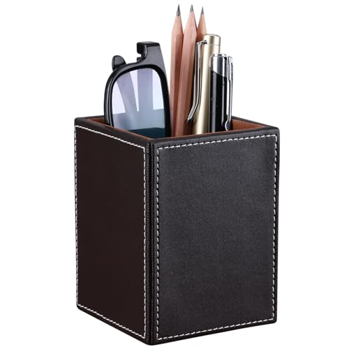 KINGFOM PU Leather Square Pens Pencils Holder Cup Desktop Stationery Organizer Case Office Accessories Container Box Brown