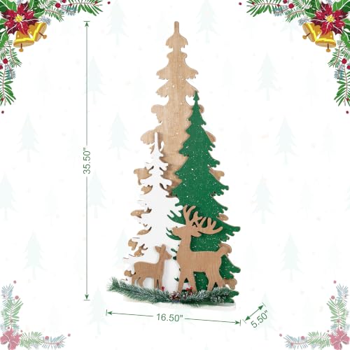 Image of Glitzhome 35.5 inchH Wooden Christmas Tree Porch Sign,Standing Porch Decor with Reindeer and Pinecone,Merry Christmas Welcome Sign for Holiday Front Porch Outdoor Decorations