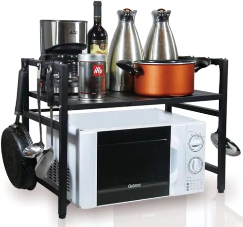 Image of HOME CUBE 1 Tier Microwave Oven Stand for Kitchen Expandable Microwave Oven Rack OTG Stand Kitchen Storage Shelf Spice Rack Toaster Grill Organizer Baker's Rack with 6 Hook (44.5x34.5x47.8 cm)