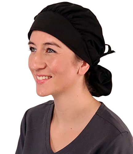 Sparkling EARTH Banded Bouffant Ponytail Classic Surgical Style Scrub Working Cap - Made in The USA! Solid Black