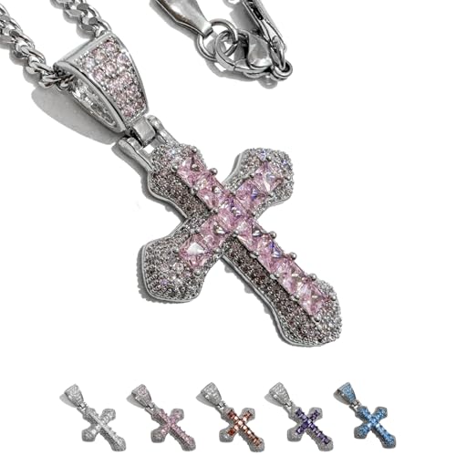 ZeaLian Zirconia Chunky Cross Hip Hop Iced Out Pink Crystal
