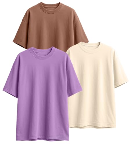 Image of Veirdo 100% Pure Cotton Drop Shoulder Oversized Baggy Fit Half Sleeve Plain Solid Round Neck Multicolor T-Shirt Combo for Men (Pack of 3) (Sizes S-2XL)