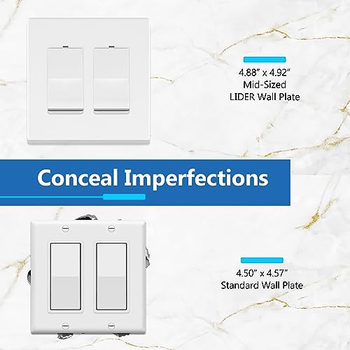 Image of LIDER Double Decorator Switch Cover, Screwless Wall Plate, Mid-Size 2-Gang 4.88 inch x 4.92 inch, LSWP-32M-W5P, UL Listed, Thermoplastic, Matte White, 5-Pack