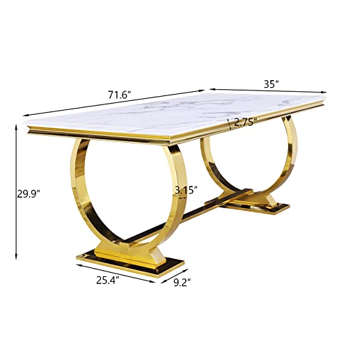 Acedécor Modern Dining Room Table With Gold Stainless Steel Metal U-Base In White Gold #TOP2