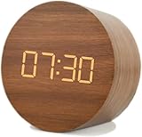 RHRYTCH Inicio Reloj de Madera Simple Regalo creativo Multifunción Pequeño Fresco Redondo Reloj LED de Madera controlado por voz Reloj Digital de escritorio Reloj electrónico luminoso Sile
