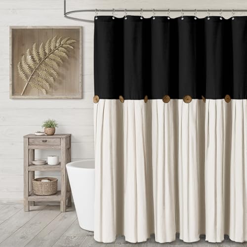 XOGUIBO Farmhouse Shower Curtain Linen Button Woven Fabric Country Rustic Western Black & Cream 72 W x 72 L