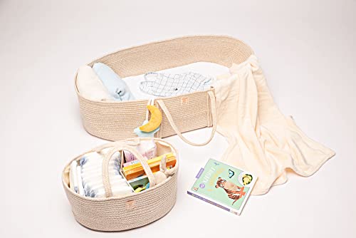 Trendy Baby Changing Basket- Moses Basket Set Of 4 Pieces, Waterproof Pad Cover, Caddy Diaper Organizer,Cotton Blanket -Cotton Rope, Boho Basket - Nursery Decor - Bassinet Changing Table Topper #TOP1