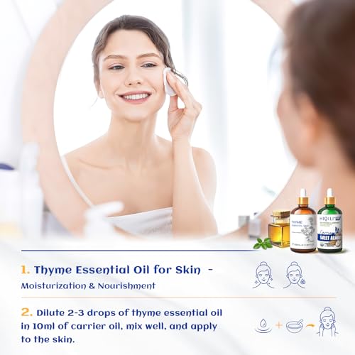 Image of HIQILI 3.38 Fl Oz Thyme Essential Oil, 100% Pure Undiluted for Hair, Skin, Diffuser, Aromatherapy, Includes 10ML Travel Bottle - 100ML