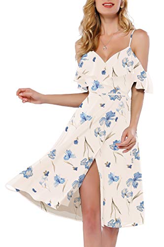 Azalosie Women Wrap Dress Cami Spaghetti Strap Ruffle Cold Shoulder Side Tie Flowy Slit Summer Beach Party Wedding Midi Dress