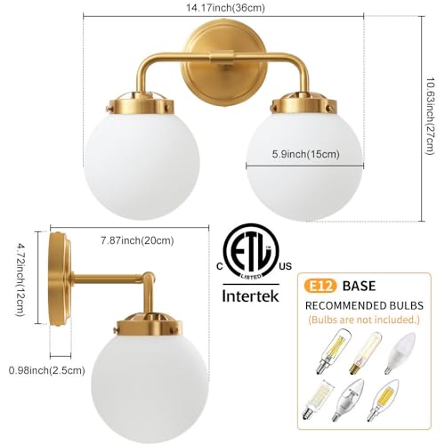 Image of Bathroom Light Fixtures 14in 2-Light Brushed Gold Vanity Light for Mirror | Bathroom Lighting Fixtures over Mirror, ETL, Brushed Brass Wall Sconce, Dimmable E12 Base Max 60W, Milky Glass Ball Shades