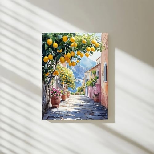 Lienzo impreso decorativo de acuarela costera con limonero y paisaje urbano de 40x55cm para casa 4