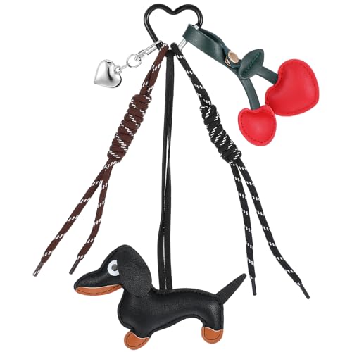 Giantree Dackel Schlüsselanhänger, Süße Leder Dackel Herz Kirsche Taschenanhänger Dackel Keychain Dackel anhänger Glücksbringer Dackel Geschenke (Schwarz)