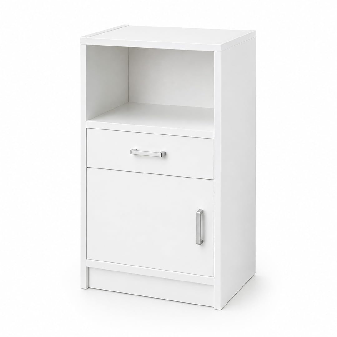 Modern Bedside Cabinet with Drawer & Door Storage, White Bedside Table | Pre-Laminated Board, Scratch-Resistant Surface, Moisture-Resistant Finish, Silver Metal Handles, 32 kg Total Capacity-image-40