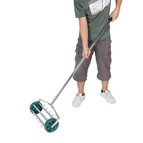 Lawn Mower Aerator Drum, Outdoor Garden Lawn Aerator Heavy Duty Rolling Grass Roller Handle Perfect for Lawns - Handle, Dark Green