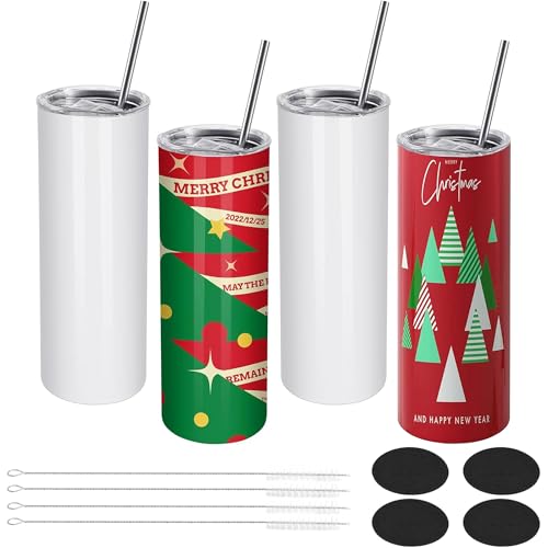 Reviews de Vaso blanco disponible en línea. 40 4 pcs Vasos de Sublimación, Vaso de Sublimación de 20 Onzas, vasos delgados rectos de acero inoxidable en blanco, Vasos de Sublimación A Granel con Tapa y Popote (4)