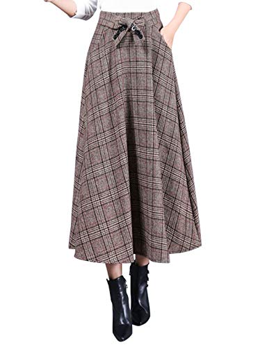 CHARTOU Women's Stretchy High Waist Knot-Tie Plaid Ruffled Wool A Line Long Swing Skirt (X-Small, Khaki)