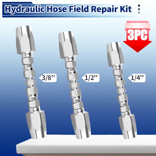 Image of 3 Pack Hydraulic Hose Repair Kit, 1 /4, 3 /8, 1 /2 Reusable Hydraulic Fitting | Emergency Hydraulic Hose Repair; Fits SAE 100R2 R16 R17 R19 2-wire Hydraulic Hoses; Heavy Duty Galvanized Carbon Steel