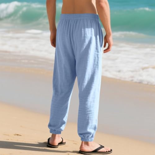 Mens Jogger Pants Lightweight Summer Casual Elastic Waist Drawstring Beach Straight Workout Linen Pants with Pockets3