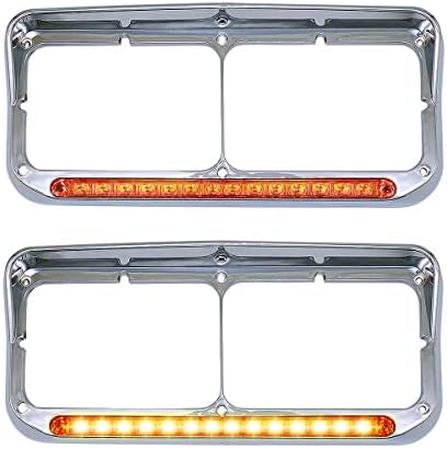 LEAVAN 2x Chrome Headlight Bezels 12" Amber LED Light with Visor 4x6 Light Strip Replacement for Kenworth T400 T600 T800 W900B W900L Peterbilt 378 379 Western Star 4900 Trucks (Amber Lens+Amber LED)