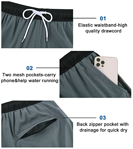 Cozople Mens Swimming Trunks 80S 90S Vintage Swim Trunk With Compression Liner 5 Inch Inseam Solid Bathing Suits,Grey,M #TOP3