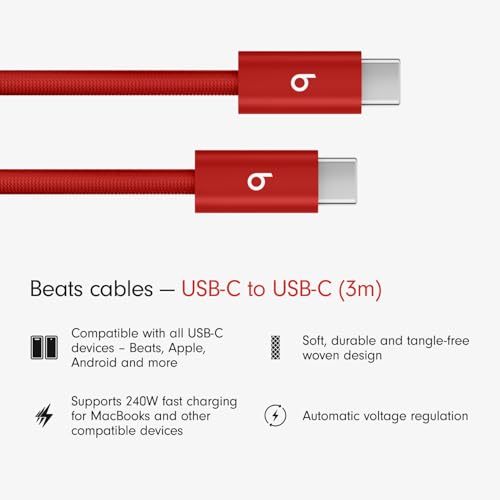 Image of Beats 240W USB-C to USB-C Braided Cable, Fast-charging, Durable /Tangle-free, Compatible with Apple and Android Devices (3m) - Rapid Red